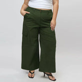 nxt wide leg high rise stretchable green 6 pocket cargo cotton pant for women